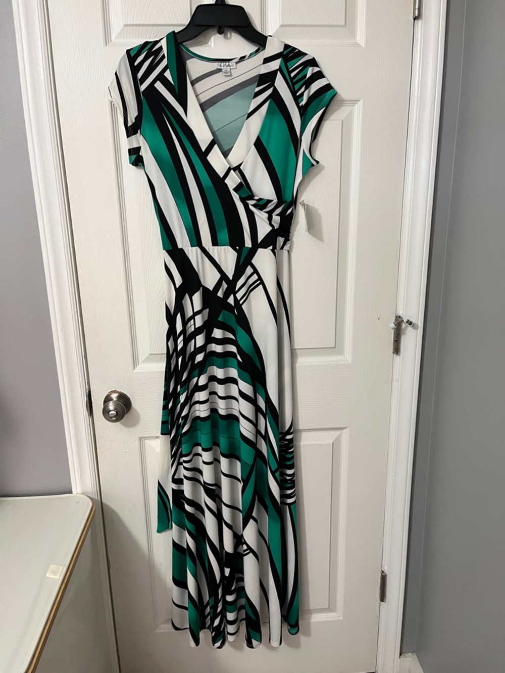 Olivia Matthews Teal, Black & White Geometric Wrap Maxi Dress